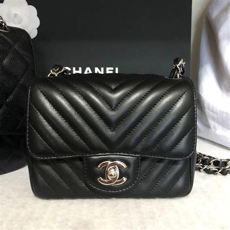 Chanel Black Chevron Quilted Caviar Square Mini Classic Single 